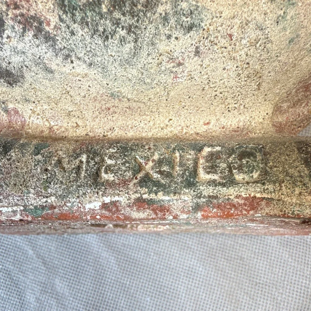 Mexico Art Pottery Textured Clay Vase Beige Red Green Impressed Backstamp